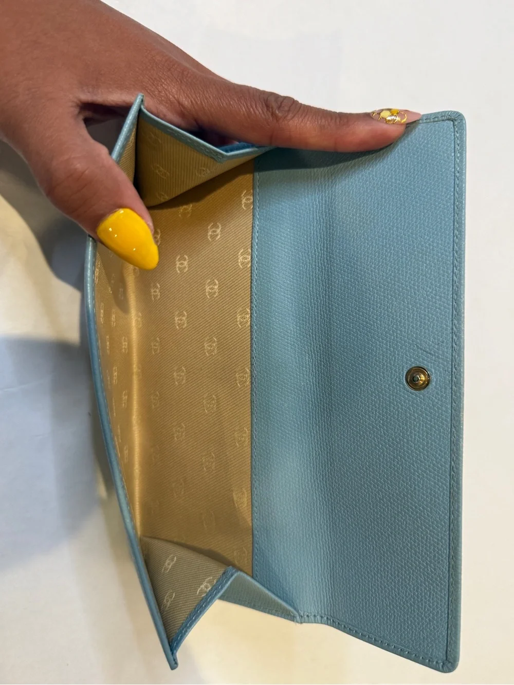 CHANEL Teal Blue Leather Snap Wallet with Gold Hardware